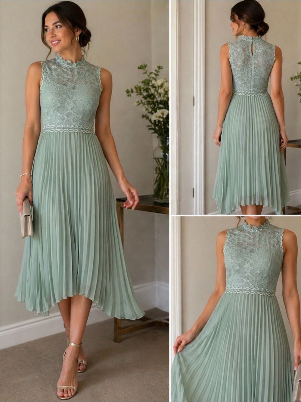 Reiss Mint Green Lace Pleated Dress US 12 Medium High Neck Elegant